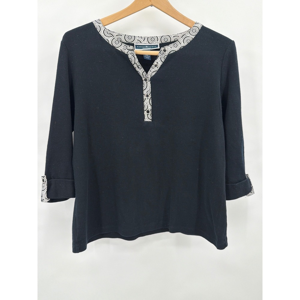 Karen Scott Petites Black‎ Cotton Henley Top 3/4 Sleeve Geometric Trim PXL